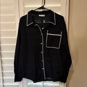 Kate Kasin Black Button-Up Top with White Trim